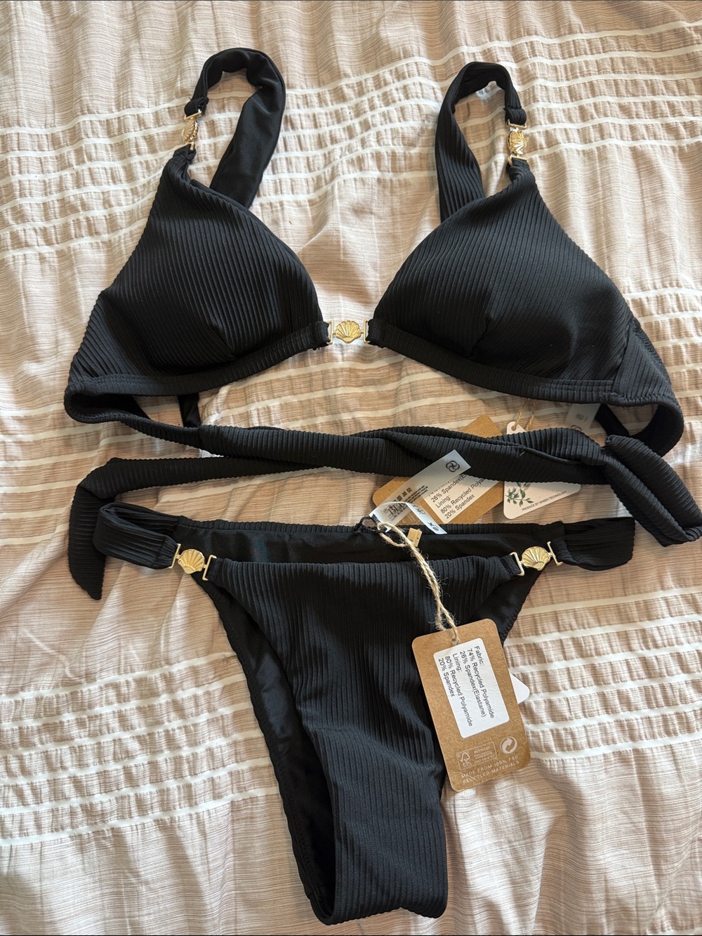 Ribbed Black Triangle Bikini Set with Gold Shell Accents
